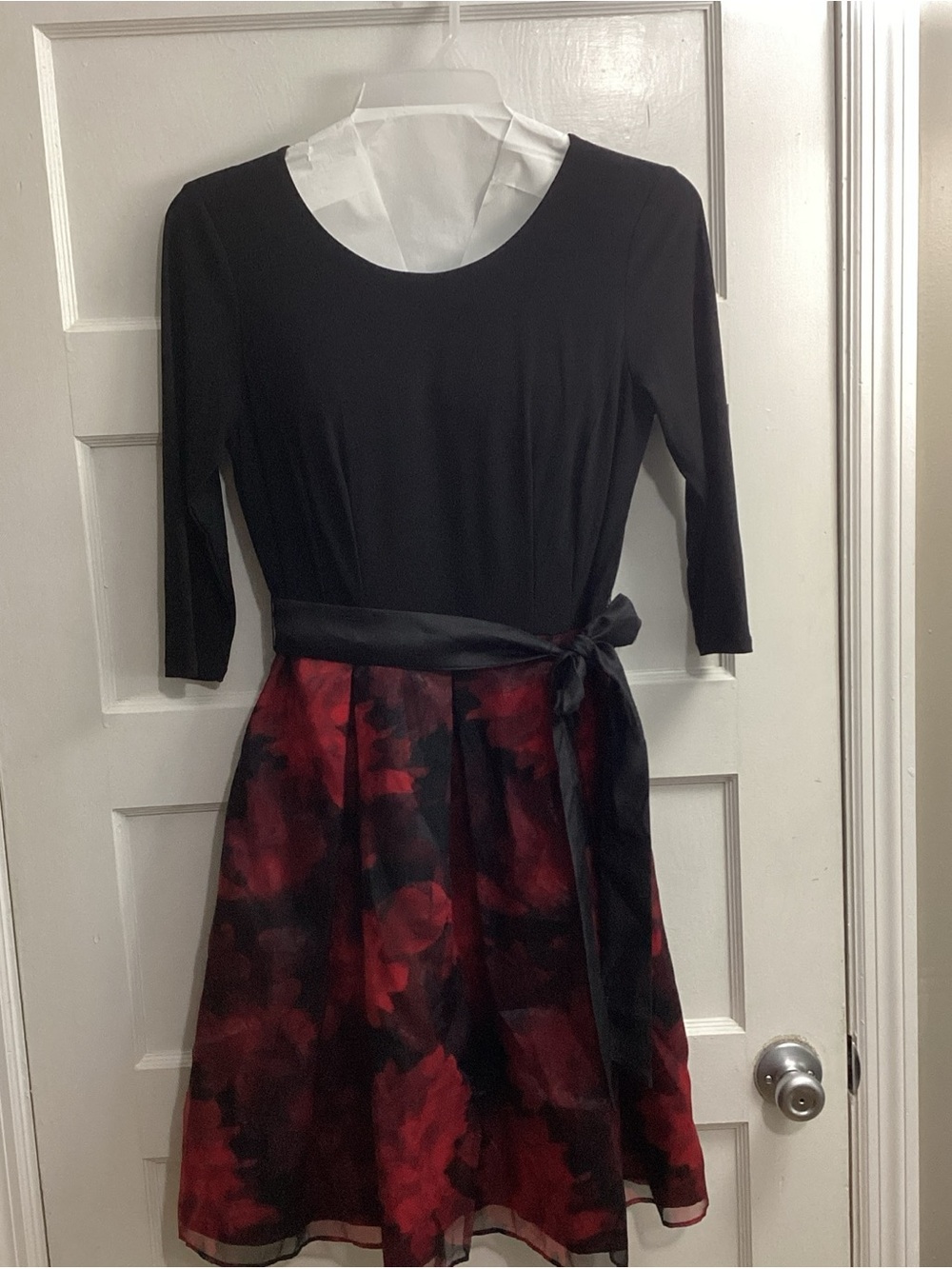madison leigh Black Top with Red Floral Skirt Tie-Waist Dress
